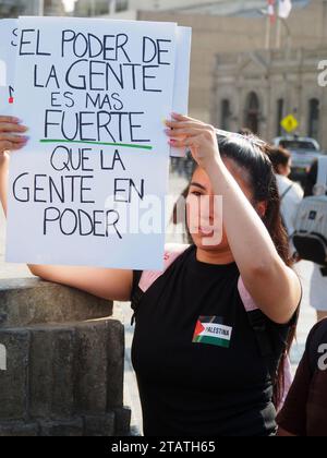 Lima, Peru. 02nd Dec, 2023. 'The power of the people is stronger than the people in power' can be read on a sign when dozens take to the streets of Lima within the framework of the activities for the International Day of Solidarity with the Palestinian People, which is celebrated every November 29 Credit: Fotoholica Press Agency/Alamy Live News Stock Photo