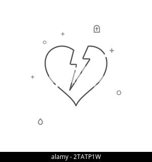 Broken heart, grief simple vector line icon. Symbol, pictogram, sign isolated on white background. Editable stroke. Adjust line weight. Stock Vector