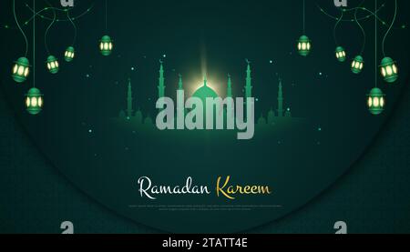 Ramadan Kareem Background with Silhouette of Mosque and Hanging Lanterns on Dark Background Stock Vector