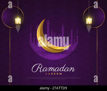 Ramadan Kareem Background with Gold Lanterns and Crescent Moon on Purple Background for Greeting Card or Banner Stock Vector