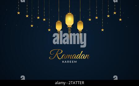 Ramadan Kareem Banner or Greeting Card with Gold Arabic Lanterns and Hanging Stars on Dark Background. Islamic Background with Luxurious Decorations Stock Vector