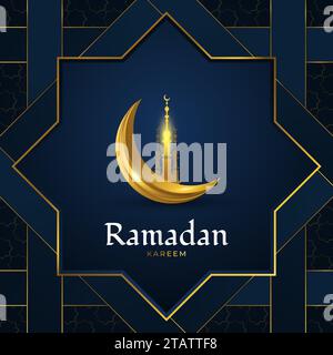 Ramadan Kareem Greeting Card with Golden Mosque and Crescent Moon on Blue Paper Cut Background. Islamic Background with Luxury Decorations Stock Vector