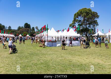 Australia Christmas market in Narrabeen Sydney on blue sky December day, stallholders s selling Christmas gifts and present ideas,MSW,Australia Stock Photo