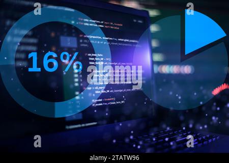 IT specialist workplace. Computer code data. Project managers Stock Photo