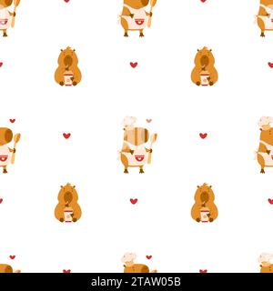 Seamless pattern. Cute capybara with coffee and animal cook on white background with hearts. Vector illustration for festive design, wallpaper, packag Stock Vector