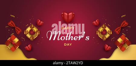 Mother's Day Greeting Card or Banner with Hearts and Gift Box in Red and Gold. Vector Banner with Hearts For Mother's Day Celebration. Love Symbol and Stock Vector