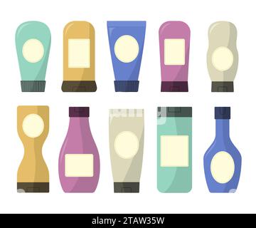 Set of Color Bottles with Blank Label for Copy Space Flat Vector Design Element Stock Vector