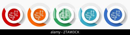 Circuit, technology, chip, processor vector icon set, flat icons in 5 color options for logo design, webdesign and mobile applications, colorful round Stock Vector