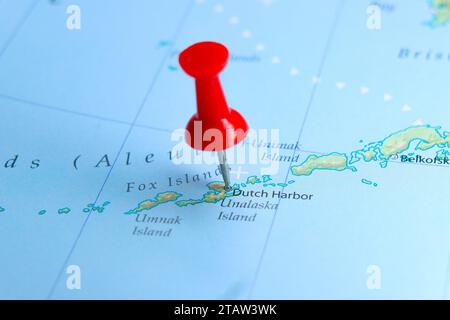 Dutch Harbor, Unalaska, Alaska pin on map Stock Photo