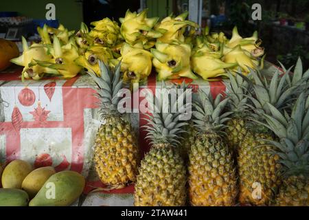 closeup of fresh fruits on display for sale at the market on the tropical island of la réunion france Stock Photo