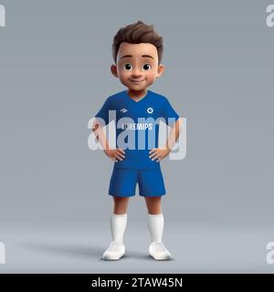 3d cartoon cute young soccer player in Chelsea football uniform. Football team jersey Stock Vector