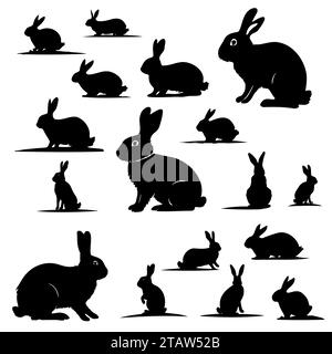 Various silhouettes easter bunnies isolated on white background. Set different rabbit silhouettes for design use. Stock Vector