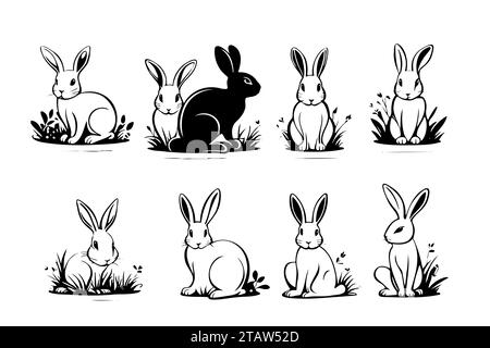 Isolated rabbit on white background, set of different rabbit silhouettes for design use. Stock Vector