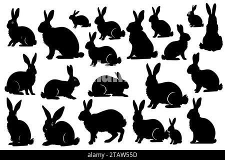 Various silhouettes easter bunnies isolated on white background. Set different rabbit silhouettes for design use. Stock Vector