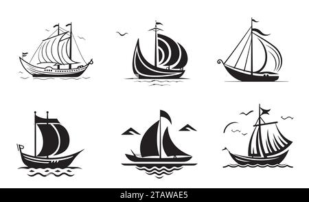 Set of sailing boat floats on waves. Small ship for recreation and travel. Outline sketch. Hand drawing isolated on white background. Vector. Stock Vector