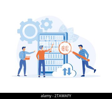 a team doing maintenance and repairs on a server device. server admin, database management staff. flat vector modern illustration Stock Vector
