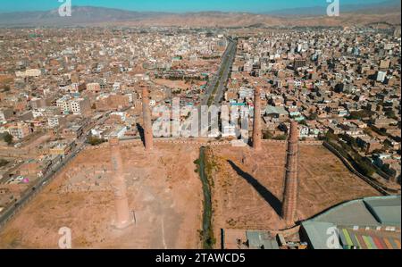 Aerial view of Herat city, Musalla Complex, Five Musallah Minarets of Herat, Citadel of Herat, Qala Iktyaruddin. Stock Photo