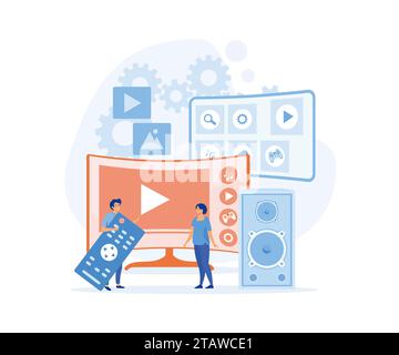 Smart tv technology, people watch video with remote control and television multimedia box. Smart TV box, flat vector modern illustration Stock Vector
