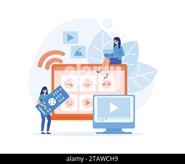 Menu Smart TV on laptop, people watch video, content, applications on multimedia box tv. Modern television technology. flat vector modern illustration Stock Vector