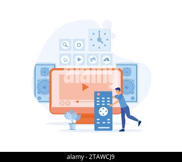 people watch video with remote control and television multimedia box. Smart TV box, flat vector modern illustration Stock Vector
