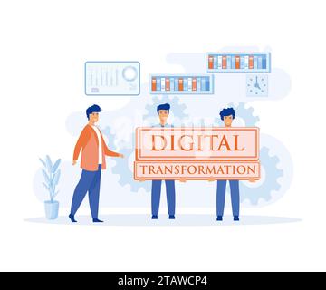 staffs showing the boss the future direction of the company with Digital Transformation on white board cards, flat vector modern illustration Stock Vector