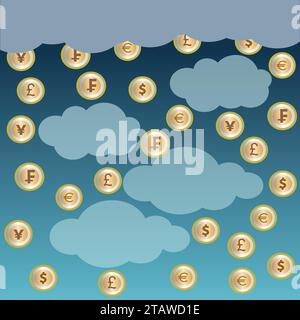 Different coins falling from clouds, business and finance concept Stock Vector