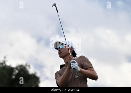 Min Woo Lee of Australia plays 2nd shot on the 18th hole during the final round of the Australian Open golf tournament at The Australian Golf Club in Sydney on December 3, 2023. IMAGE RESTRICTED TO EDITORIAL USE - STRICTLY NO COMMERCIAL USE Stock Photo