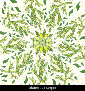 Seamless leaves on branches green and yellow with the Mandala in the center. Designs for textile, paper, background. Stock Vector