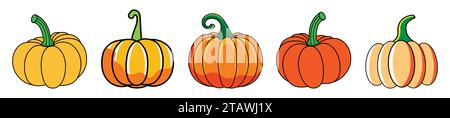 Set of fresh pumpkin on white background. Various color and Vibrant. Stock Vector