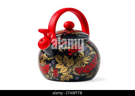 Metal kettle with a whistle in Russian folk style with a Gzhel pattern isolated on a white background Stock Photo
