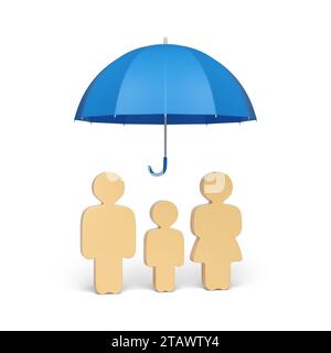 Figurines of a family under an umbrella isolated on white background. Security concept. 3d illustration. Stock Photo