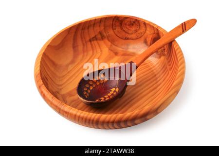 Wooden bowl with spoon isolated on white background Stock Photo