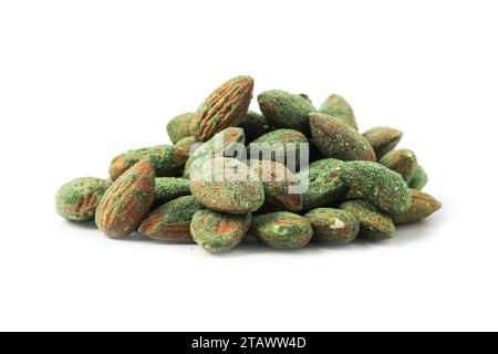 Handful of spicy almonds with wasabi isolated on white background Stock Photo