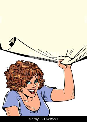 Announcement of upcoming events and activities on site. Distribution of promotions in a store or website. A woman pulls down a blank advertisement she Stock Vector