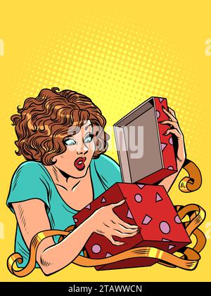 Celebrating important days and events. A woman opens a gift box. A Christmas gift can also be for a birthday. Pop Art Retro Vector Illustration Kitsch Stock Vector