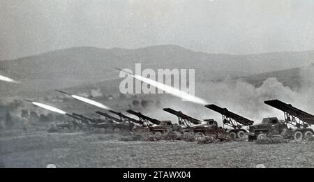 SOVIET RUSSIAN KATYUSHA  rocket launchers  firng in the Carpathians about 1943 Stock Photo