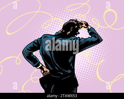 The boss of the company is trying to come up with something. Brainstorm an employee on how to solve a problem. A man in a business suit holds one hand Stock Vector