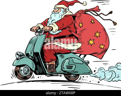 Christmas is coming closer on two wheels. Santa Claus rides a moped with a bag of gifts. Upcoming holidays and seasonal sales along with it. Pop Art R Stock Vector