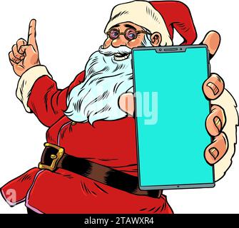 Christmas Internet on New Year Eve. Santa Claus is holding a phone with a blank screen. A unique offer for customers using the service. Pop Art Retro Stock Vector