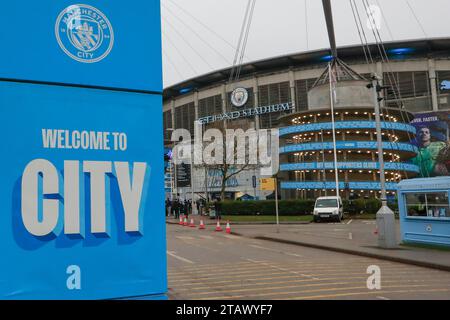 Manchester, UK. 03rd Dec, 2023. The welcome sign outside the Etihad ahead of the Premier League match Manchester City vs Tottenham Hotspur at Etihad Stadium, Manchester, United Kingdom, 3rd December 2023 (Photo by Conor Molloy/News Images) in Manchester, United Kingdom on 12/3/2023. (Photo by Conor Molloy/News Images/Sipa USA) Credit: Sipa USA/Alamy Live News Stock Photo