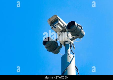 big brother is watching, CCTV camera against blue sky in Stoke on Trent Staffordshire UK Stock Photo