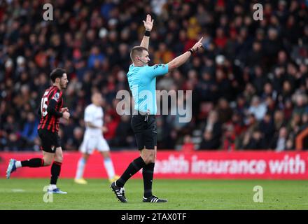 Referee Thomas Bramall rules a goal offside following a VAR check during the Premier League match at the Vitality Stadium, Bournemouth. Picture date: Sunday December 3, 2023. Stock Photo