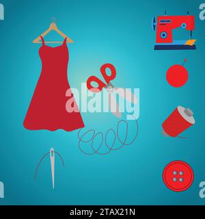 Red dress with scissors, sewing machine and sewing accessories Stock Vector