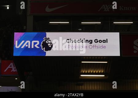 A big screen displays a VAR check during the Premier League match Liverpool vs Fulham at Anfield, Liverpool, United Kingdom. 3rd Dec, 2023. (Photo by Mark Cosgrove/News Images) Credit: News Images LTD/Alamy Live News Stock Photo