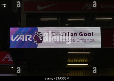 The big screen displays a VAR goal check during the Premier League match Liverpool vs Fulham at Anfield, Liverpool, United Kingdom. 3rd Dec, 2023. (Photo by Mark Cosgrove/News Images) Credit: News Images LTD/Alamy Live News Stock Photo