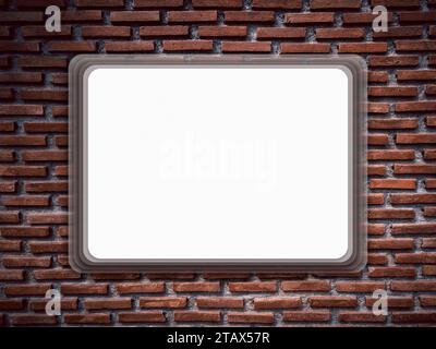 Mockup white rectangle frame hanging on vintage old grunge red brick wall texture. Empty square space with round corners for horizontal photo poster o Stock Photo