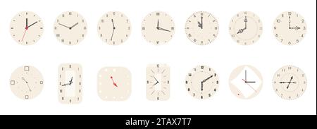 Clock face set, old classic analog clocks with Roman and Arabic numbers, ornamental hands Stock Vector