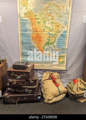 Vintage Pile Ancient Suitcases Form of Tower Design Concept Travel Luggage Traveler on Shabby Black Background Long Format Stock Photo