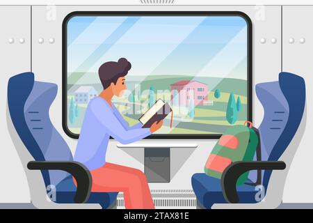 Man traveling alone in train compartment, male passenger sitting by window to read book Stock Vector