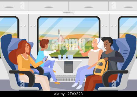 Family traveling in train compartment, passengers sitting on seats, looking out window Stock Vector